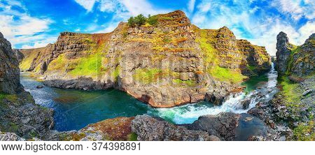 Marvelous View Of  Kolugljufur Canyon And Kolufossar Falls. Kolugljufur Gorge Is Located On River Vi