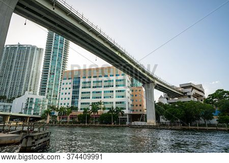 Miami Metrorail Over River Downtown Stock Photo