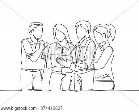 One Single Line Drawing Of Young Business Man And Business Woman Watching Stock Market Movements On 