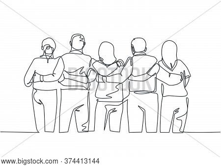 Single Continuous Line Drawing About Group Of Men And Woman From Multi Ethnic Standing And Hugging T