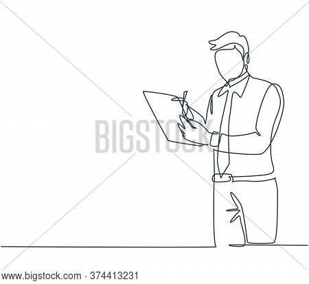 One Continuous Line Drawing Of Young Serious Male Manager Standing And Writing Business Proposal Dra