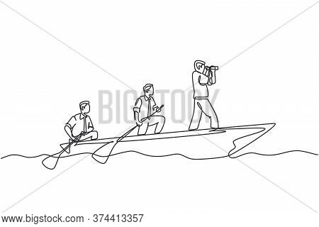 One Single Line Drawing Of Young Male Team Member Take A Boat Heading To An Island While The Leader 