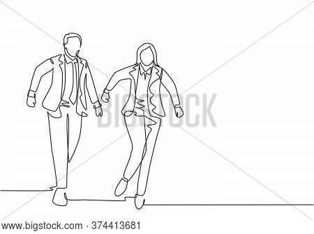 One Continuous Single Line Drawing Of Young Male And Female Manager Join Run Competition On Running 