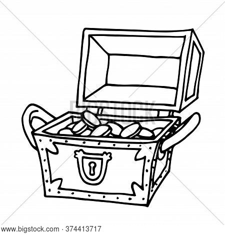 Opened Wooden Treasure Chest With Golden Coins, Pirate Trove, Symbol Of Fortune And Wealth, Vector I