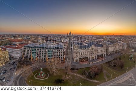 Aerial Drone Shot Of Zrinyi Utca Street Before St. Stephen Basilica Before Budapest Sunrise