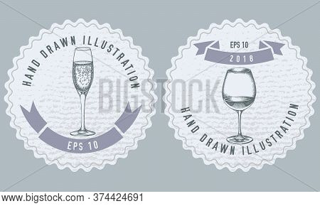 Monochrome Labels Design With Illustration Of Glass Of Champagne, Glass Of Wine Stock Illustration