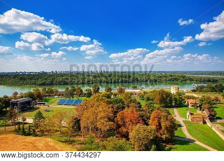 Aerial View Od Danube Riverside In Belgrade . Stadium At The River Shore