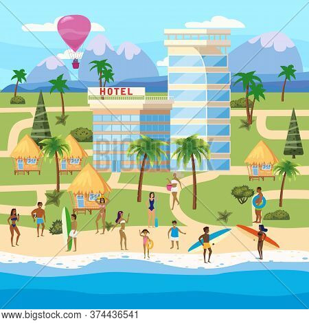 Seashore Beach Hotel Resort Bungalo, Summer Vacation People Spend Their Leisure Time. Vector Illustr