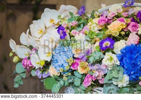 Large Floral Basket With Colorful Flowers At Workshop, Flower Shop. Floristry, Holiday, Romantic, Ce