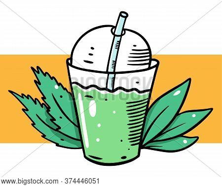 Smothie Green Cocktail. Organic Product. Cartoon Style. Vector Illustration. Isolated On Yellow Back