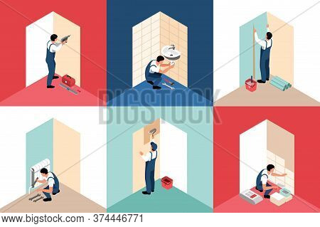 Isometric Apartment Repair Design Concept 3x2 Set Of Square Compositions With Builders And Finishers