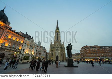 Novi Sad, Serbia - November 26, 2016: The Name Of Mary Church, Novi Sad Catholic Cathedral At Dusk W