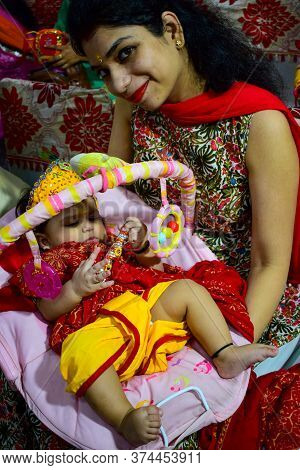 Delhi, India - September 9, 2019 : Cute Indian Kids Dressed Up As Little Lord Krishna Radha On The O