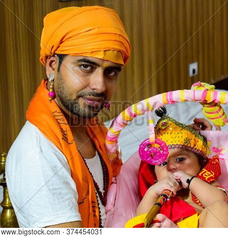Delhi, India - September 9, 2019 : Cute Indian Kids Dressed Up As Little Lord Krishna Radha On The O