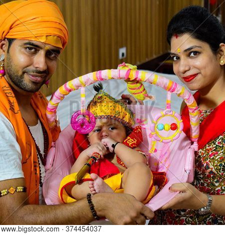 Delhi, India - September 9, 2019 : Cute Indian Kids Dressed Up As Little Lord Krishna Radha On The O