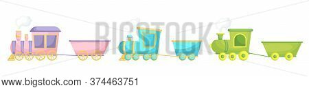 Collection Of Cute Cartoon Baby's Trains Isolated On White Background. Set Of Different Models Of Tr