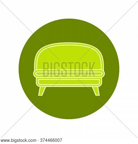 Green Sofa On Circle Verdant Background. Flat Illustration In Form Of Thin Lines For Interior Design