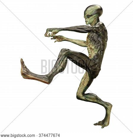3D Rendering Green Alien On White