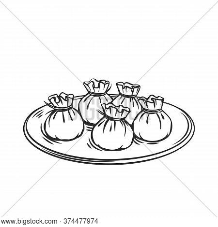 Wonton Chinese Cuisine Outline Icon. Asian Food Engraved Vector Illustration.