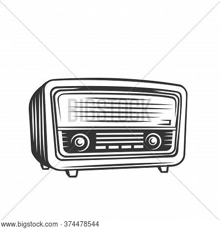 Old Radio Monochrome Icon. Retro Radio Receiver Of The Last Century Vector Illustration.