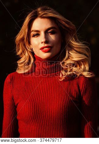 What A Beauty. Girl Red Lipstick In Knitwear Sweater. Cosmetics And Skin Care Trend. Autumn Woman Cu