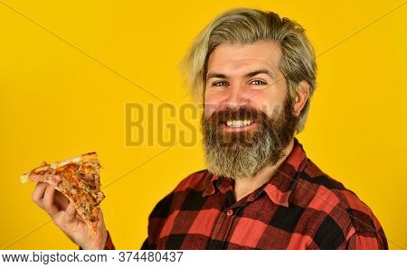 Pizza Delivery Service. Delivering Food To Apartment. Hungry Man Going To Eat Pizza Alone. Cheesy Ta