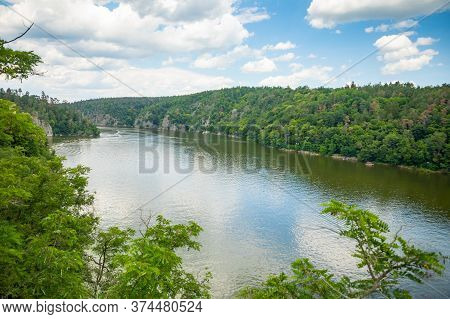 Aerial View Of Confluence Of Two Rivers Vltava And Otava Next To Medieval Castle Zvikov In Czech Rep