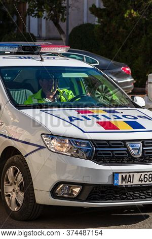 Detail Of Police Car, Close Up Isolated. Local Police Car On The Streets Of Lugoj, Romania, 2020.