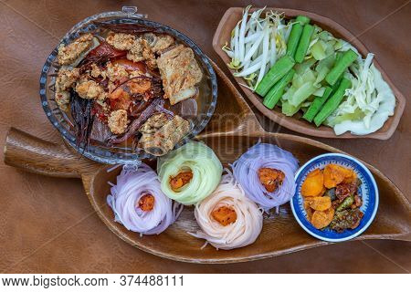 Rice Noodles With Spicy Pork Sauce Or Nam Ngiao Rice Noodle (traditional Northern Thai Cuisine). Nam