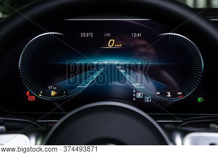 Novosibirsk/ Russia - April 28 2020: Mercedes-benz Gle-class, Dashboard Closeup With Visible Speedom
