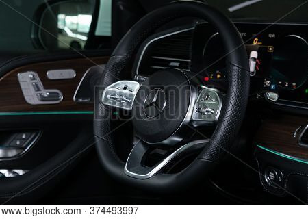 Novosibirsk/ Russia - April 28 2020: Mercedes-benz Gle-class, Salon Of A New Stylish Car, Steering W
