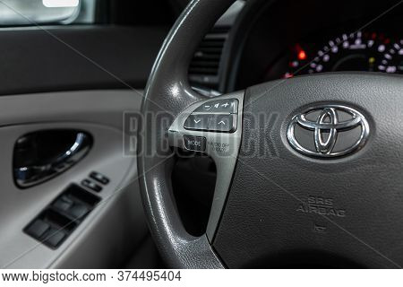 Novosibirsk/ Russia - June 23 2020: Toyota Camry,car Steering Wheel With Control Buttons, Music Volu