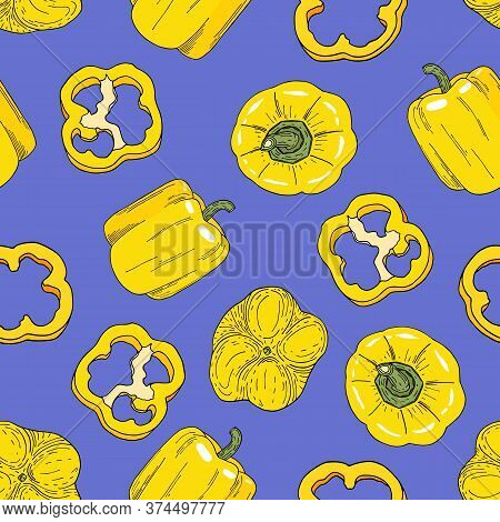 Bell Pepper Seamless Pattern. Tasty Yellow Vegetables Stock Vector Illustration. Hand Drawn Cartoon 