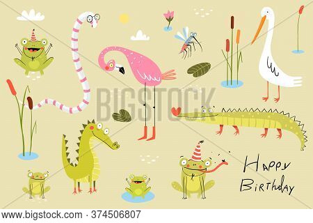 Funny Swamp Animals, Birds, Reptiles And Nature Items Collection. Pond Living Animals Snake, Crocodi