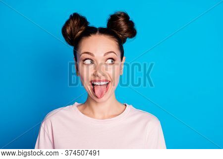 Closeup Photo Of Attractive Childish Lady Two Funny Buns Stick Tongue Out Mouth Teasing Boyfriend Av