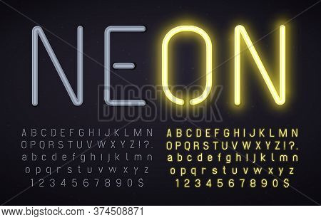 Neon Font With Light On And Off. Glowing Alphabet, Numbers And Punctuation Marks With Luminous Effec