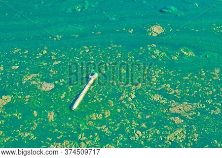 Environmental Water Pollution. Polluted River - Dirty Green Water, Garbage, Waste And Trash. Harmful