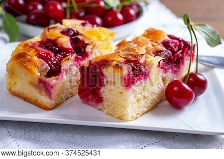 Fresh Baked Cake With Red Ripe Juicy Sour Cherry Or Kriek Berry