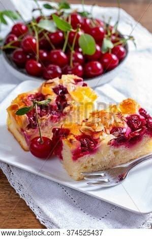 Fresh Baked Cake With Red Ripe Juicy Sour Cherry Or Kriek Berry