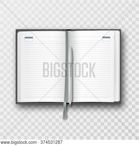 Opened Notebook With Bookmark And Fountain Pen. Office Supplies On A Transparent Isolated Background