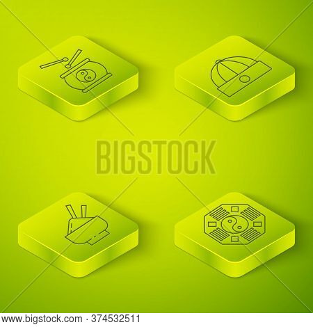 Set Isometric Chinese Hat, Rice In A Bowl With Chopstick, Yin Yang And Chinese Drum Icon. Vector