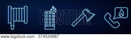 Set Line Firefighter Axe, Fire Hose Reel, Fire In Burning Building And Telephone With Emergency Call