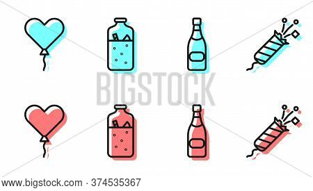 Set Line Champagne Bottle, Balloon In Form Of Heart, Mulled Wine And Firework Rocket Icon. Vector