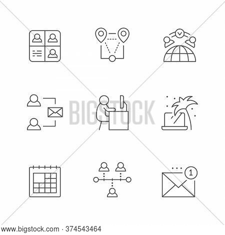 Set Line Icons Of Remote Work Isolated On White. Worker At Table, Calendar, Mail Communication, Dead