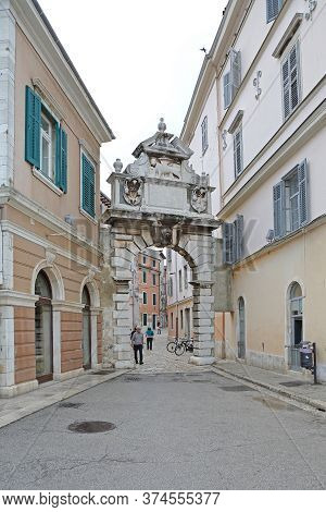 Rovinj, Croatia - October 15, 2014: Balbi Arch Old City Gate Entrance Historic Landmark In Rovinj, C
