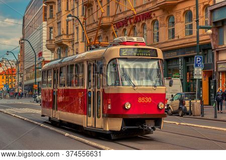 Prague Tram On The Streets On Hot Sunny Day