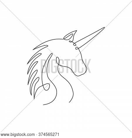 Single Continuous Line Drawing Of Beautiful Unicorn Head For Corporate Logo Identity. Kids Cute Fant