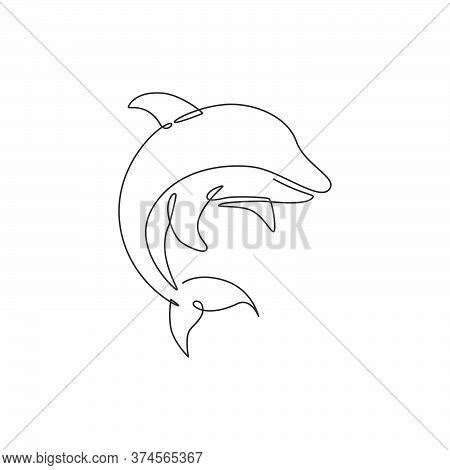 Single Continuous Line Drawing Of Friendly Cute Dolphin For Underwater Life Aquarium Logo Identity. 