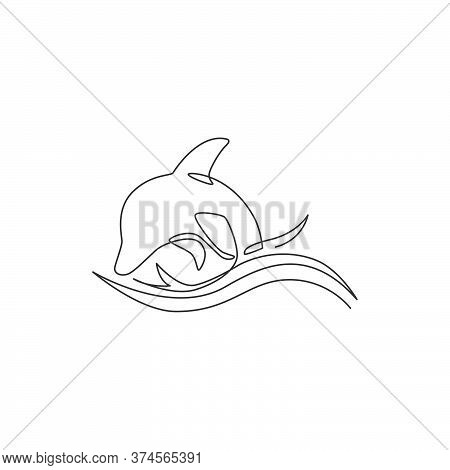 One Continuous Line Drawing Of Friendly Cute Dolphin For Fish Tank Aquarium Logo Identity. Happy Mam