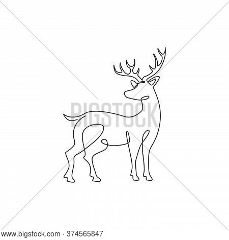 Single Continuous Line Drawing Of Elegance Cute Deer For National Zoo Logo Identity. Luxury Buck Mas